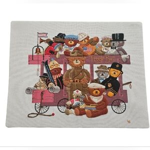 Charles Wysocki Teddy Bear Bus Needlepoint Crewel Embroidery 18" x 14" 1980s